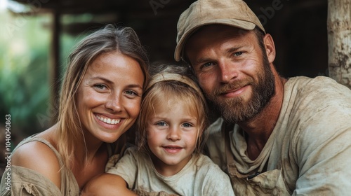 A cheerful family of three, with parents and a young child, is captured in a warm and loving pose, reflecting happiness and unity in an outdoor setting.