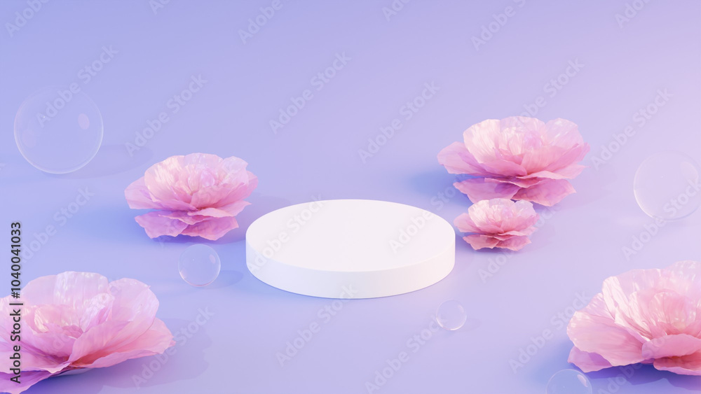 3D product is elegantly displayed on a platform adorned with a purple backdrop and soft pink-tinted lighting. Abstract geometric platforms are designed to showcase merchandise in a landscape 3D product is elegantly displayed on a platform adorned with a purple backdrop and soft pink-tinted lighting. Abstract geometric platforms are designed to showcase merchandise in a landscape