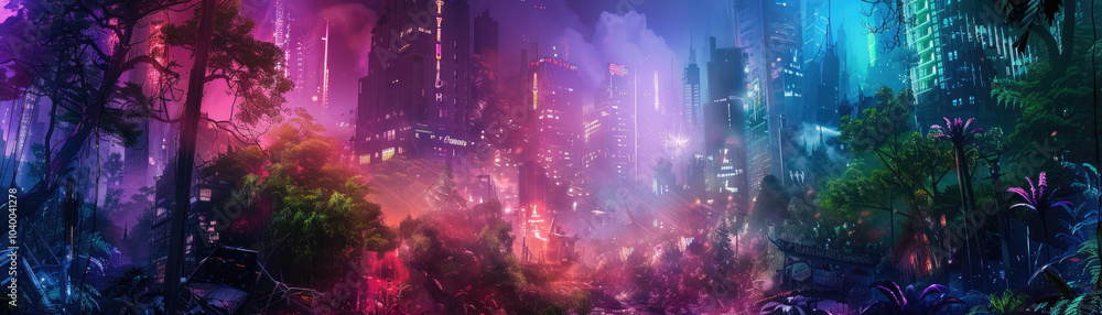 Fototapeta premium A vibrant, dreamlike forest illuminated by vivid colors, blending natural beauty with an otherworldly glow.