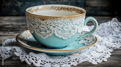 Elegant Teacup with Lace and Saucer on Rustic Table