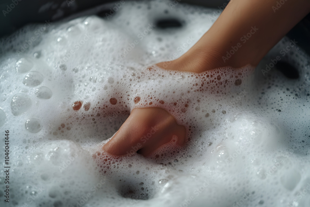 Fototapeta premium Hand in Foamy Water Close up Bubbles Cleaning Hygiene Lather Suds Texture Backgrou