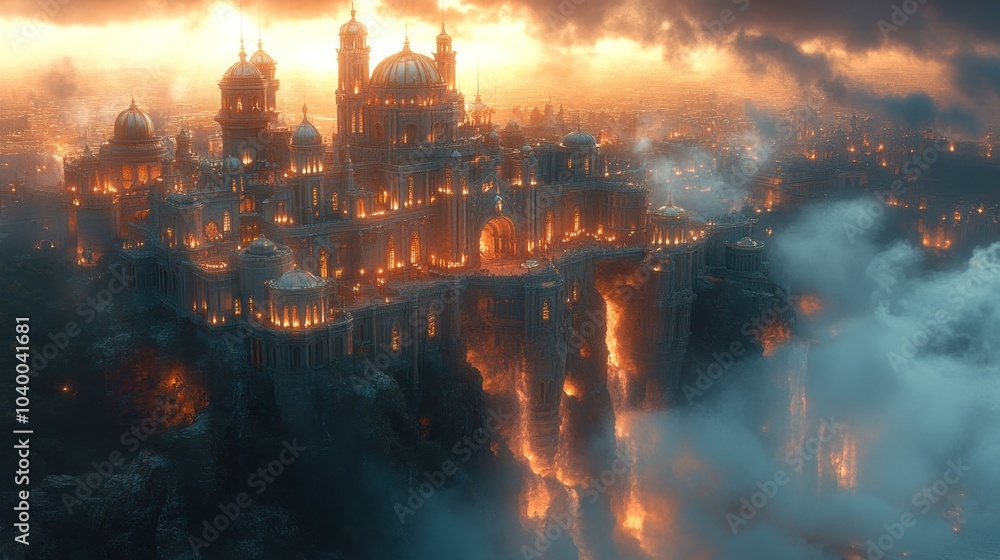 A majestic, fiery castle amidst clouds at sunset. A majestic, fiery castle amidst clouds at sunset.