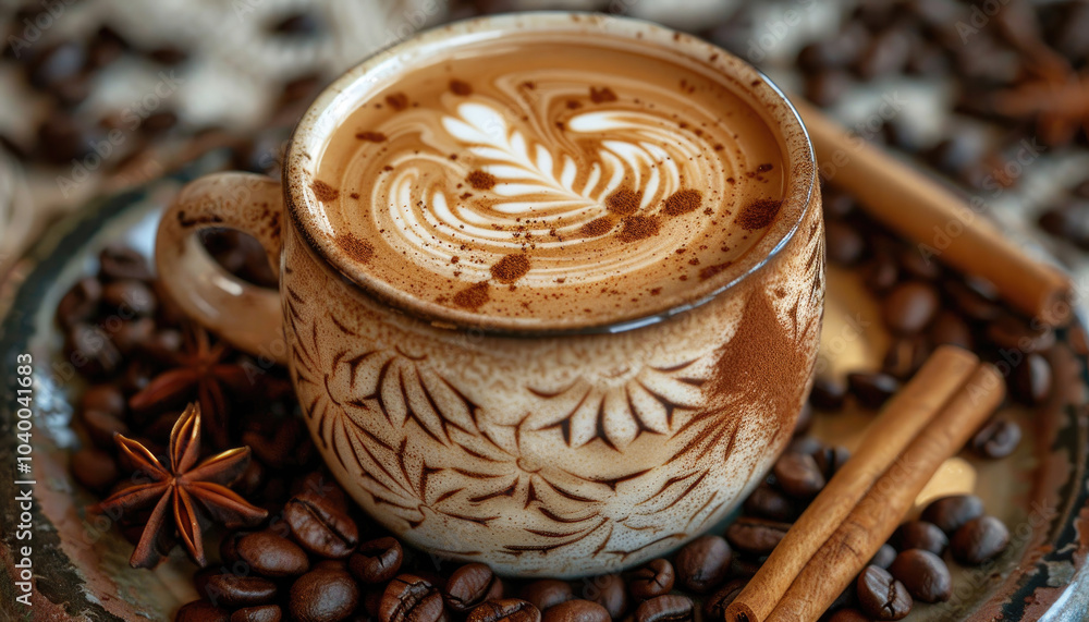 A beautifully crafted latte in an ornate cup, surrounded by coffee beans and cinnamon sticks, showcasing intricate foam art. A beautifully crafted latte in an ornate cup, surrounded by coffee beans and cinnamon sticks, showcasing intricate foam art.