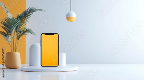 Modern Minimalist Smartphone Mockup with Yellow Background and White Poduim