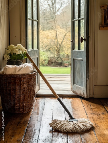  Mop and bucket by the back door of a cozy farmhouse, with sunlight reflecting off the slightly wet wooden floor, capturing a quiet moment of home care and cleaning.