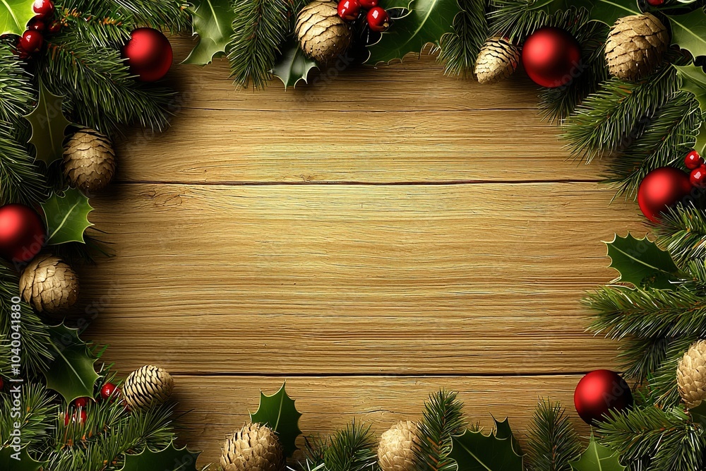 Christmas decoration design over wooden background. Empty space in the middle to add text or design. Generative Ai Christmas decoration design over wooden background. Empty space in the middle to add text or design. Generative Ai