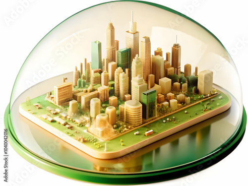 Glossy Circuit Board Background with Cityscape Overlay | Technology Foundation for Smart Cities | Transparent City Silhouette | Ample Copy Space for Text Placement in Photo Stock Concept #1040042016