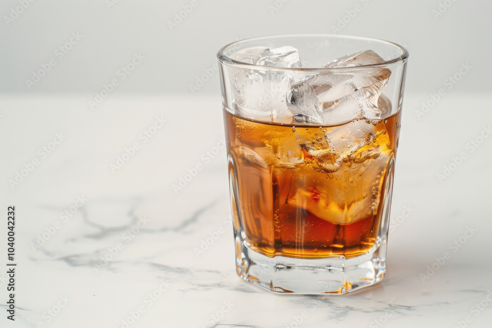 A glass of whiskey with ice sits on a marble surface, showcasing a rich amber color and inviting refreshment. A glass of whiskey with ice sits on a marble surface, showcasing a rich amber color and inviting refreshment.
