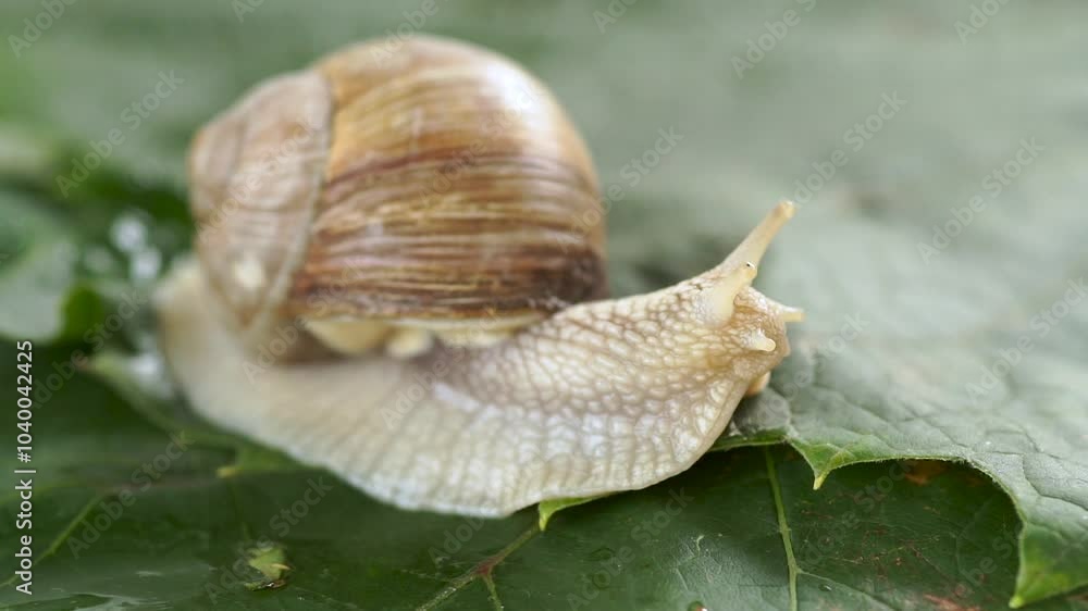 A grape snail with a brown shell on a green leaf with water droplets A grape snail with a brown shell on a green leaf with water droplets