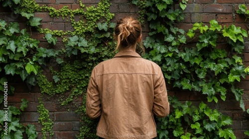 A person with hair in a bun wears a tan jacket, standing with their back to a lush ivy-covered brick wall symbolizing introspection and connection with nature. photo