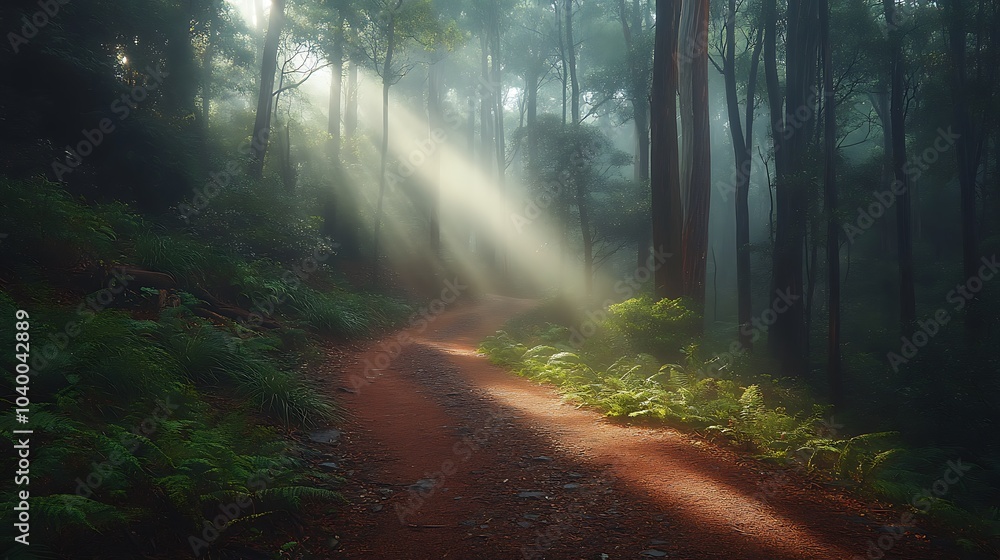Obraz premium A path winding through a dense forest of pine, cedarwood, and eucalyptus, soft beams of light breaking through the canopy, a peaceful and calm atmosphere, gentle mist in the distance,