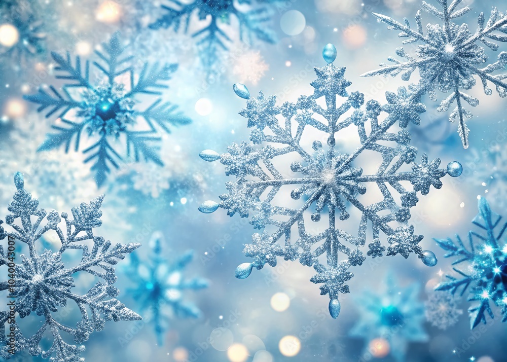 Intricate Watercolor Snowflake Pattern in Icy Blue and Silver Tones on White Background for Winter Decor