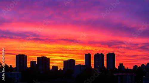 Dramatic City Skyline at Sunset with Colorful Sky