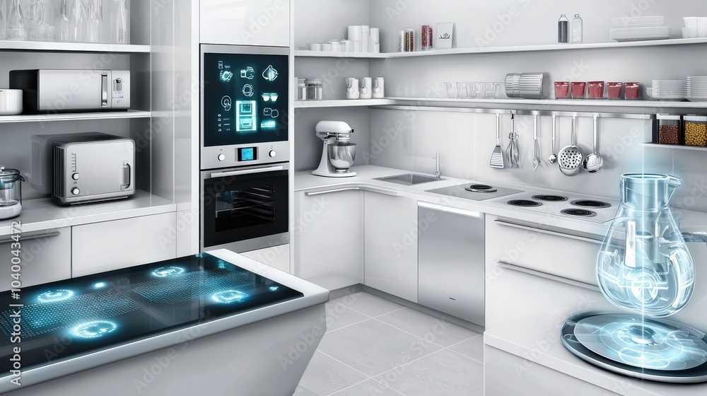 A kitchen with a futuristic design and appliances A kitchen with a futuristic design and appliances
