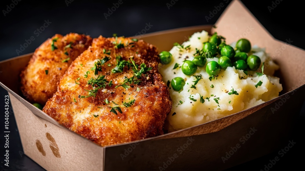 A delectable scene of golden-breaded cutlets paired with creamy mashed potatoes sprinkled with herbs, complemented by vibrant green peas, all neatly set in a box. A delectable scene of golden-breaded cutlets paired with creamy mashed potatoes sprinkled with herbs, complemented by vibrant green peas, all neatly set in a box.