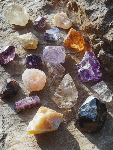 array of raw gemstones like opals, amethysts, and quartz is scattered across a natural stone surface, showcasing their rough, unpolished beauty in a raw form. photo