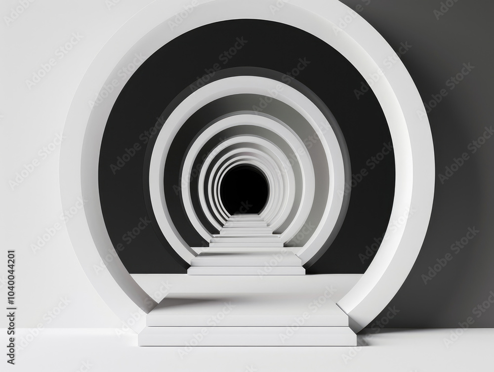 Naklejka premium A series of concentric circular portals lead into a dark void, creating a visually intriguing tunnel effect with a minimalist design.
