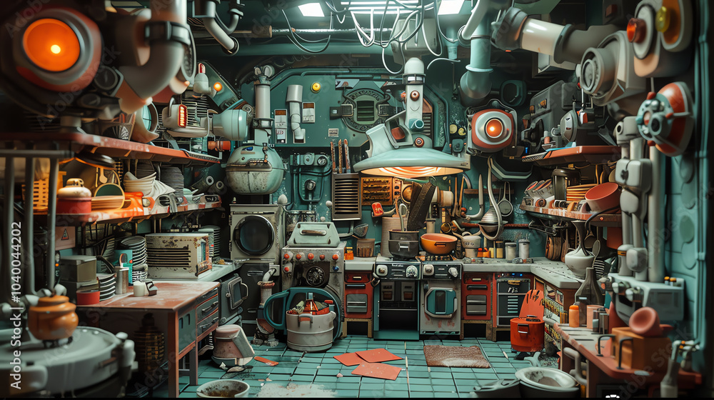 Design a clay sculpture diorama of a dystopian kitchen overrun by robotic chefs, viewed from a worms-eye perspective Utilize unexpected camera angles to showcase the intricate culinary chaos in a tact Design a clay sculpture diorama of a dystopian kitchen overrun by robotic chefs, viewed from a worms-eye perspective Utilize unexpected camera angles to showcase the intricate culinary chaos in a tact
