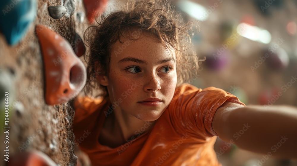 A determined climber in an orange shirt scales an indoor wall, surrounded by an array of colorful holds, embodying concentration, athleticism, and resilience. A determined climber in an orange shirt scales an indoor wall, surrounded by an array of colorful holds, embodying concentration, athleticism, and resilience.