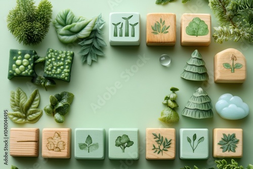 Natural Elements and Wooden Blocks on Green Background