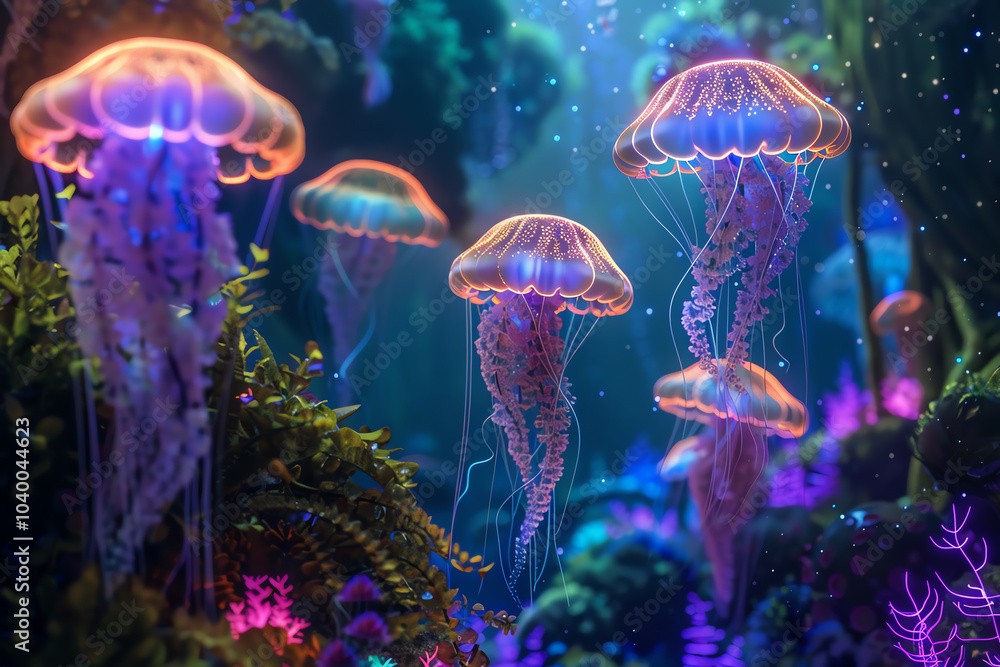 Dive into a dreamy underwater realm filled with floating jellyfish and iridescent plants, captured from a unique rear view, rendered with detailed CG 3D techniques Dive into a dreamy underwater realm filled with floating jellyfish and iridescent plants, captured from a unique rear view, rendered with detailed CG 3D techniques