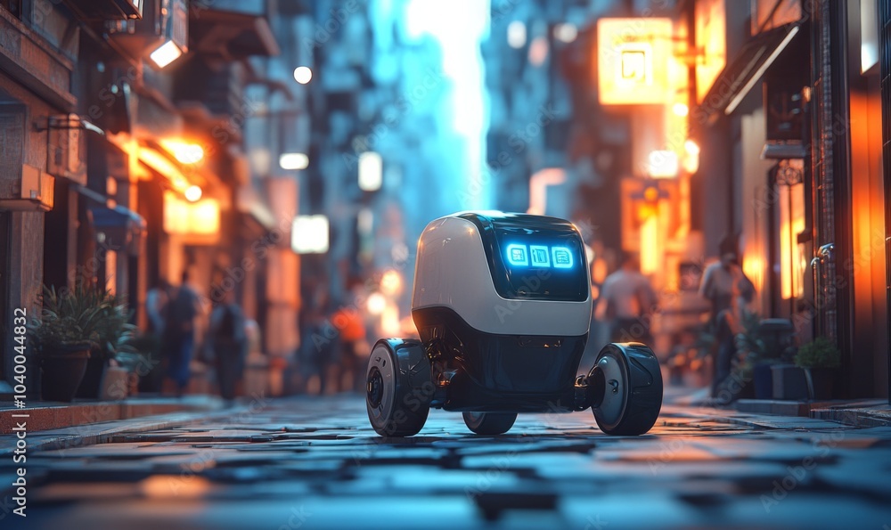Autonomous delivery robot navigating city streets, revolutionizing urban logistics, 3D illustration Autonomous delivery robot navigating city streets, revolutionizing urban logistics, 3D illustration