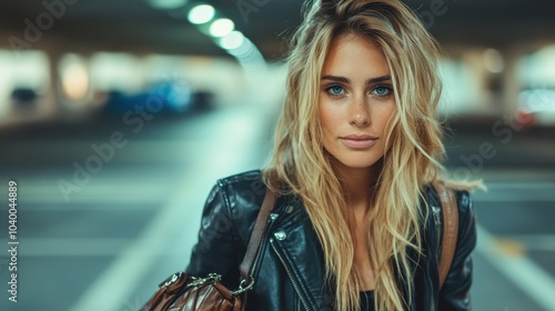 A confident woman with flowing blonde hair and a black leather jacket looks into the camera, standing in a dimly lit urban parking lot, exuding a strong presence. photo