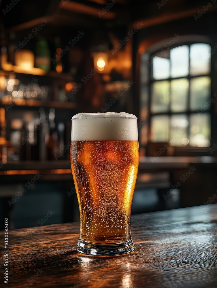 frosty pint of golden beer sits on a pub table, with foam spilling slightly over the rim, capturing the refreshing appeal of a freshly poured drink. frosty pint of golden beer sits on a pub table, with foam spilling slightly over the rim, capturing the refreshing appeal of a freshly poured drink.