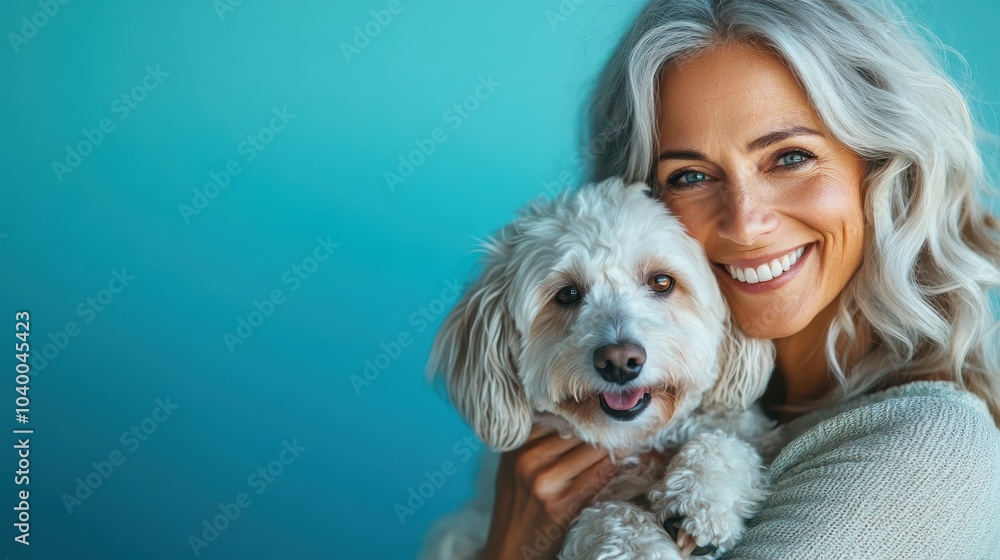 A vibrant woman with silver hair joyfully embraces her cheerful dog, both delightfully smiling with a bright blue background, capturing the essence of happiness. A vibrant woman with silver hair joyfully embraces her cheerful dog, both delightfully smiling with a bright blue background, capturing the essence of happiness.