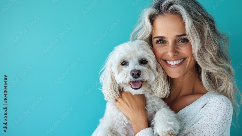With a radiant smile, the woman lovingly holds her fluffy dog, set against a smooth turquoise background, reflecting an atmosphere of love and contentment. With a radiant smile, the woman lovingly holds her fluffy dog, set against a smooth turquoise background, reflecting an atmosphere of love and contentment.