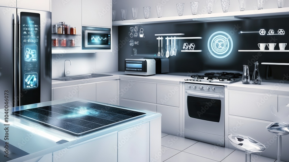 A futuristic kitchen with a countertop that has a glowing blue screen A futuristic kitchen with a countertop that has a glowing blue screen