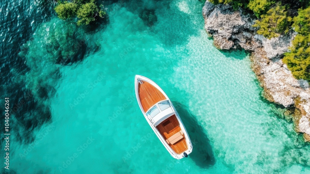 A luxurious boat elegantly floating on the translucent turquoise waters near a rocky coast, enveloped by nature's vibrant greenery, emitting a sense of calm. A luxurious boat elegantly floating on the translucent turquoise waters near a rocky coast, enveloped by nature's vibrant greenery, emitting a sense of calm.