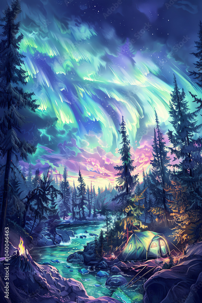 Illustrate a surreal wilderness camping experience under the celestial ...
