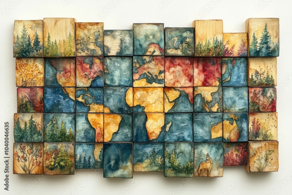 Fototapeta premium Artistic Illustrated World Map in Wooden Blocks