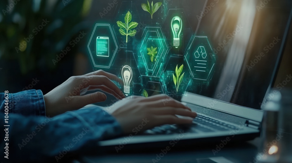 Green Tech Interface: Person in denim uses a laptop with icons like a plant-light bulb, recycling symbol, and leafy house, emphasizing eco-friendly initiatives.