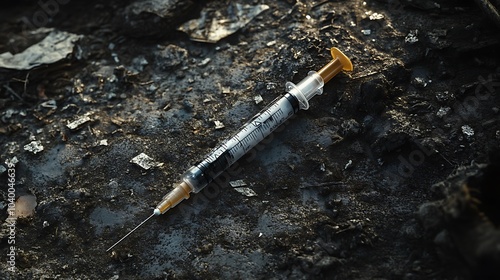 Close-up of a used syringe lying on a dirty ground with discarded needles nearby