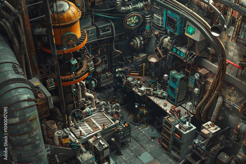 Imagine a Surrealist Robotics world from above, showcasing a dynamic clash of industrial parts and dreamlike aesthetics Utilize digital rendering techniques to bring this vision to life, with an empha photo