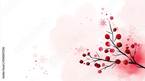 Abstract watercolor berries branch with red colors on a light background copy space