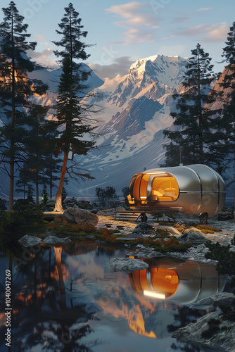 Infuse the serenity of wilderness camping with a touch of futuristic technologies, rendered in traditional art medium with unexpected camera angles that highlight the harmony of nature and innovation