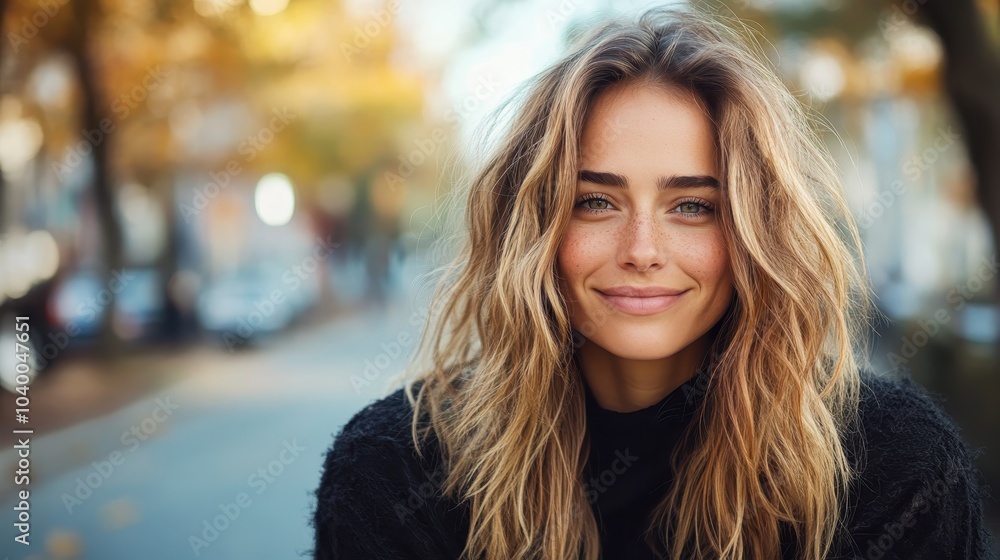 A portrait of a smiling woman with light brown hair and freckles, set against an urban backdrop with an autumnal atmosphere, creating a serene mood. A portrait of a smiling woman with light brown hair and freckles, set against an urban backdrop with an autumnal atmosphere, creating a serene mood.