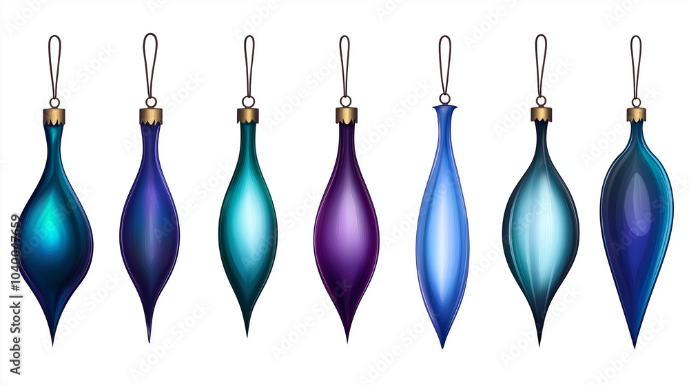 Elegant elongated Christmas ornaments in blue and green shades, festive hanging decor, copy space Elegant elongated Christmas ornaments in blue and green shades, festive hanging decor, copy space
