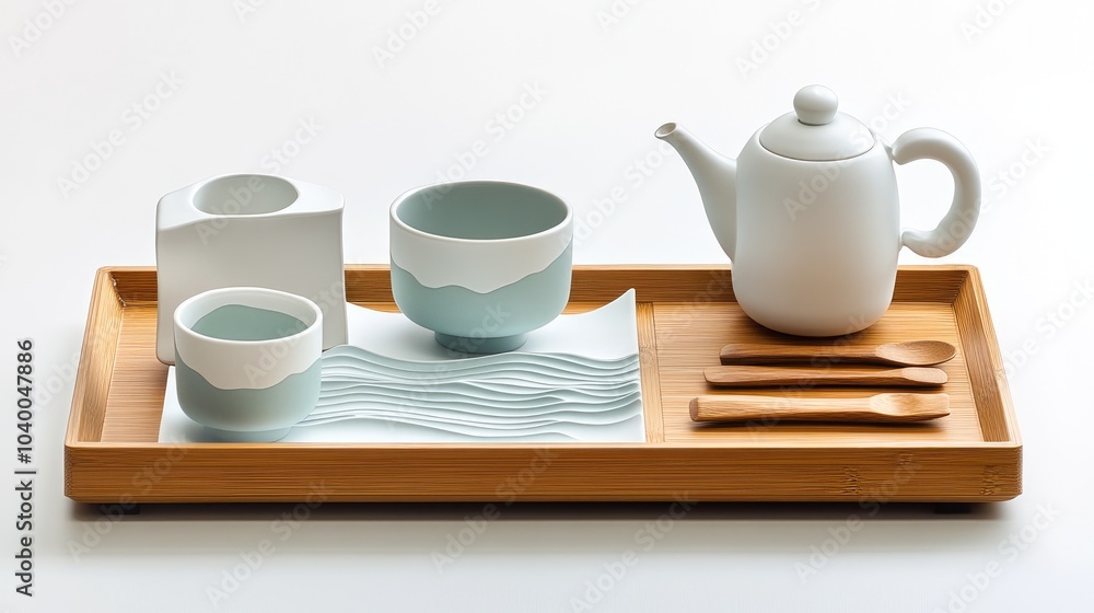Minimalist Japanese Tea Set on Bamboo Tray Minimalist Japanese Tea Set on Bamboo Tray