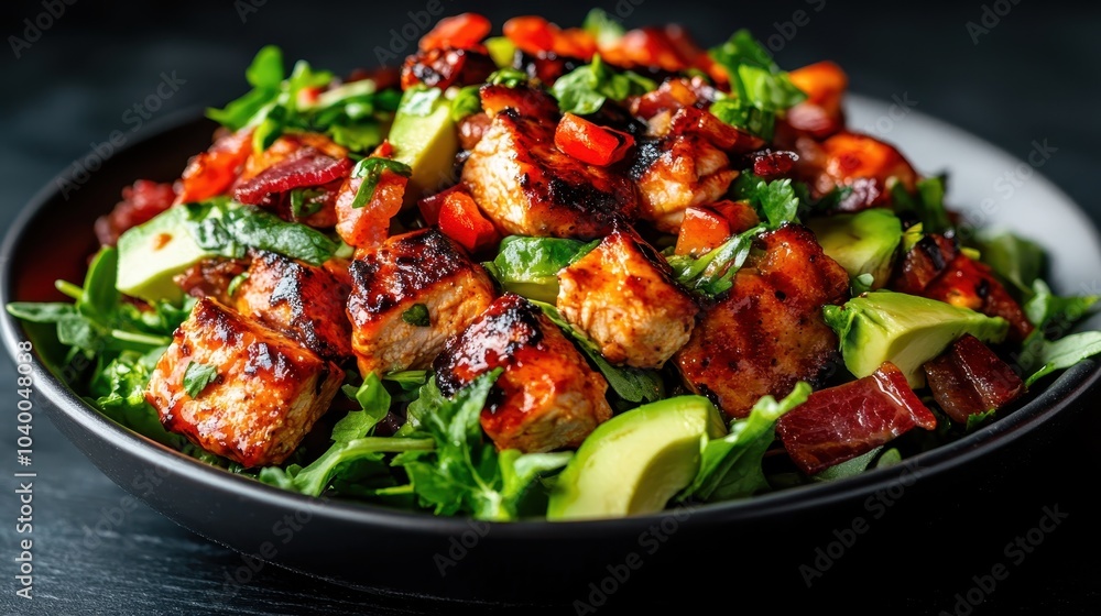 A hearty salad featuring grilled chicken, avocado, red peppers, and greens, dressed in a flavorful sauce, perfect for a wholesome meal experience. A hearty salad featuring grilled chicken, avocado, red peppers, and greens, dressed in a flavorful sauce, perfect for a wholesome meal experience.