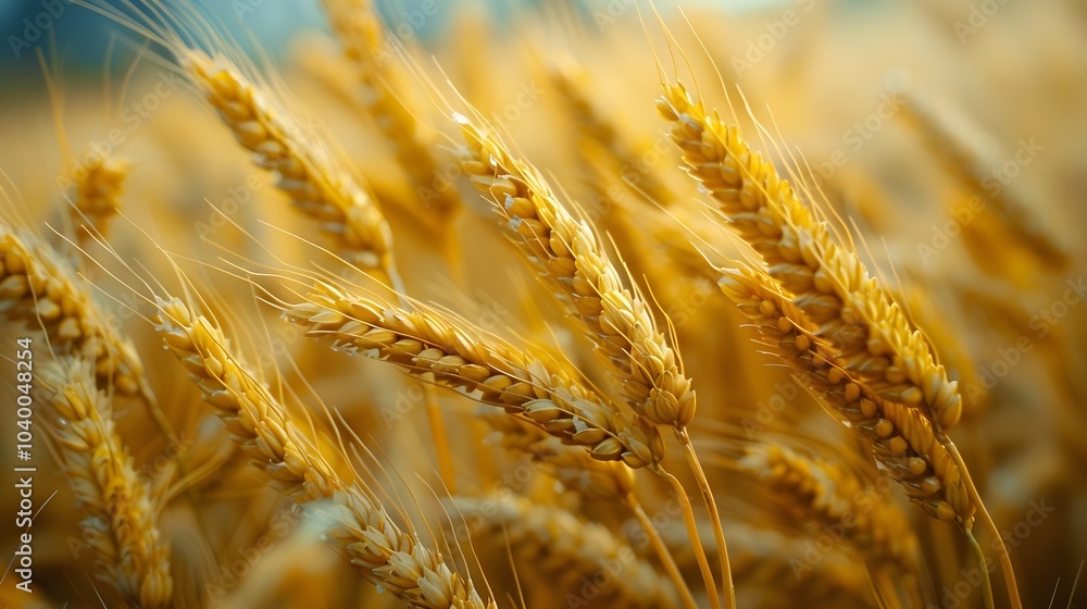 A stunning close-up view of golden wheat ears swaying in the breeze at sunset. Capturing the beauty of nature during harvest season. A stunning close-up view of golden wheat ears swaying in the breeze at sunset. Capturing the beauty of nature during harvest season.
