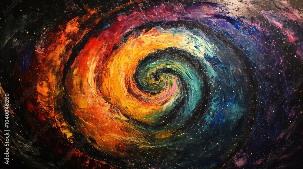 An abstract spiral of bright, electric colors on a black canvas, resembling cosmic or space energy An abstract spiral of bright, electric colors on a black canvas, resembling cosmic or space energy