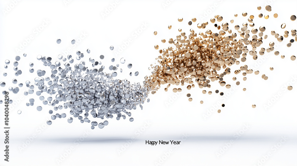 Abstract Happy New Year design with swirling gold and silver particles on white background Abstract Happy New Year design with swirling gold and silver particles on white background