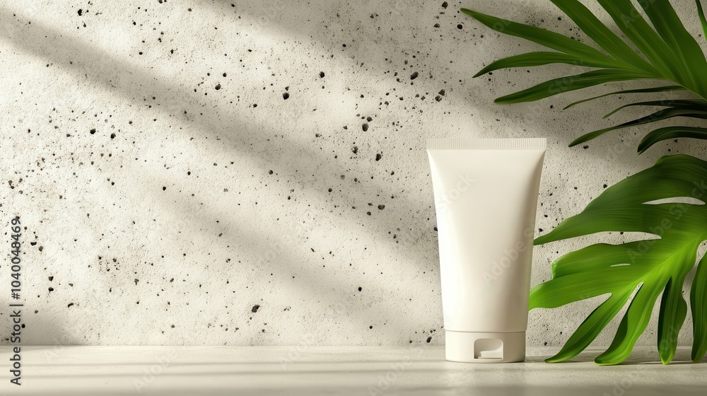 A simplistic cream tube placed next to a lush green leaf and a stylish background, depicting natural beauty and modern elegance through minimalist presentation. A simplistic cream tube placed next to a lush green leaf and a stylish background, depicting natural beauty and modern elegance through minimalist presentation.