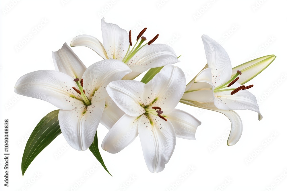 A beautiful arrangement of white lilies, showcasing delicate petals and vibrant green leaves, perfect for enhancing any floral design. A beautiful arrangement of white lilies, showcasing delicate petals and vibrant green leaves, perfect for enhancing any floral design.