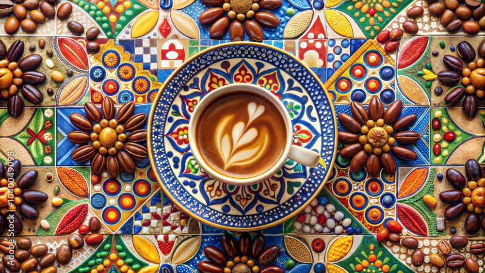 Fototapeta premium latte art in a colorful cup on vibrant mosaic tile background