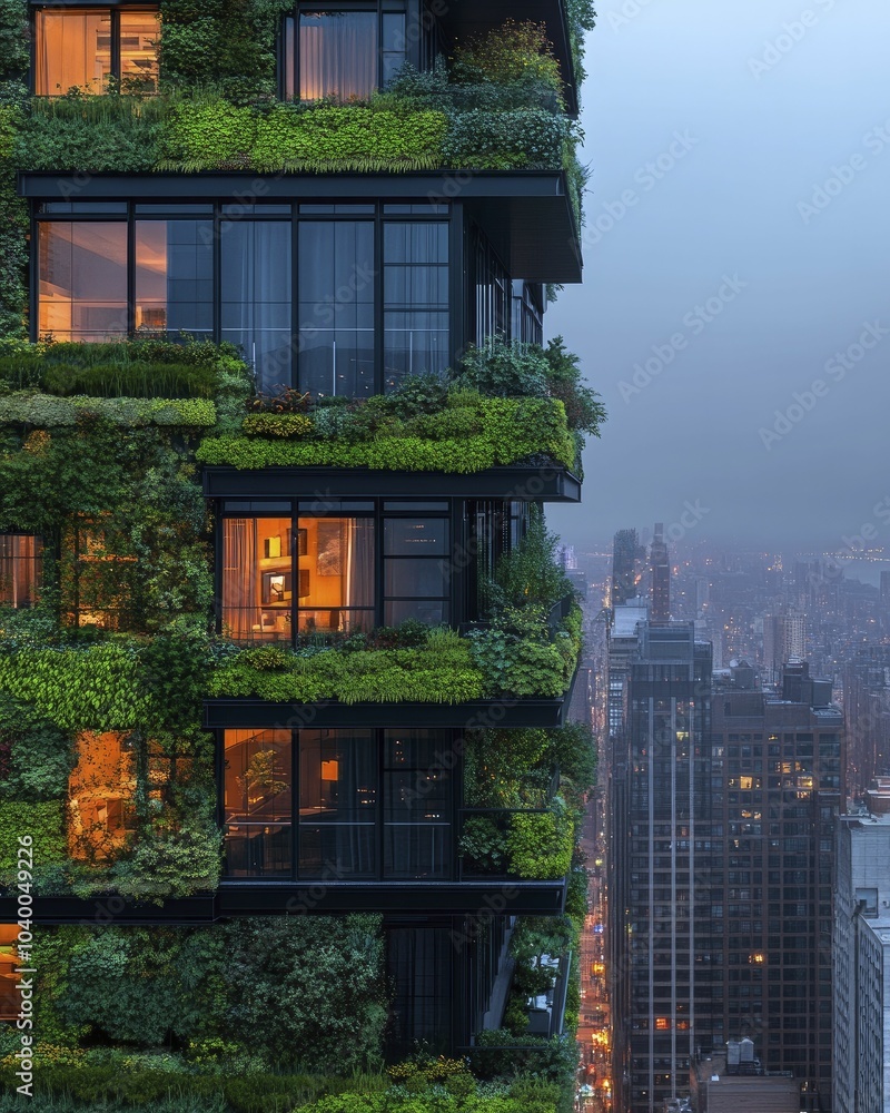 A city building with a green roof and cascading living walls, green ... - Living Walls And Green Roofs